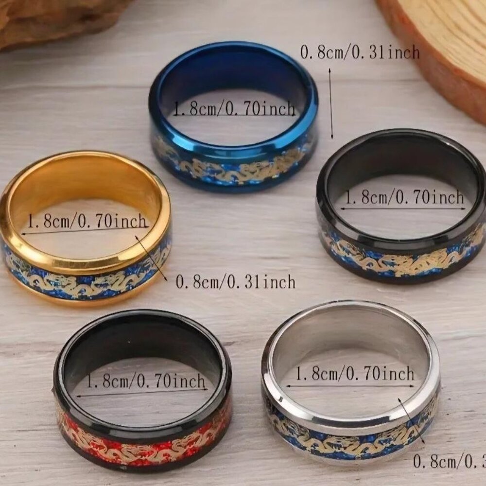 5 Pcs Vintage Style Dragon Pattern Stainless Steel Ring Set Size 12